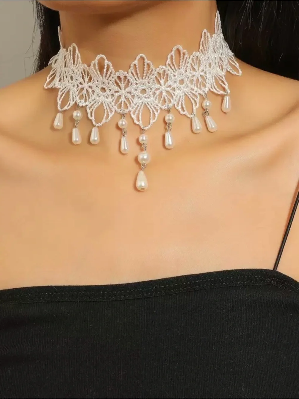 White Lace Pearl Drop Choker Necklace -